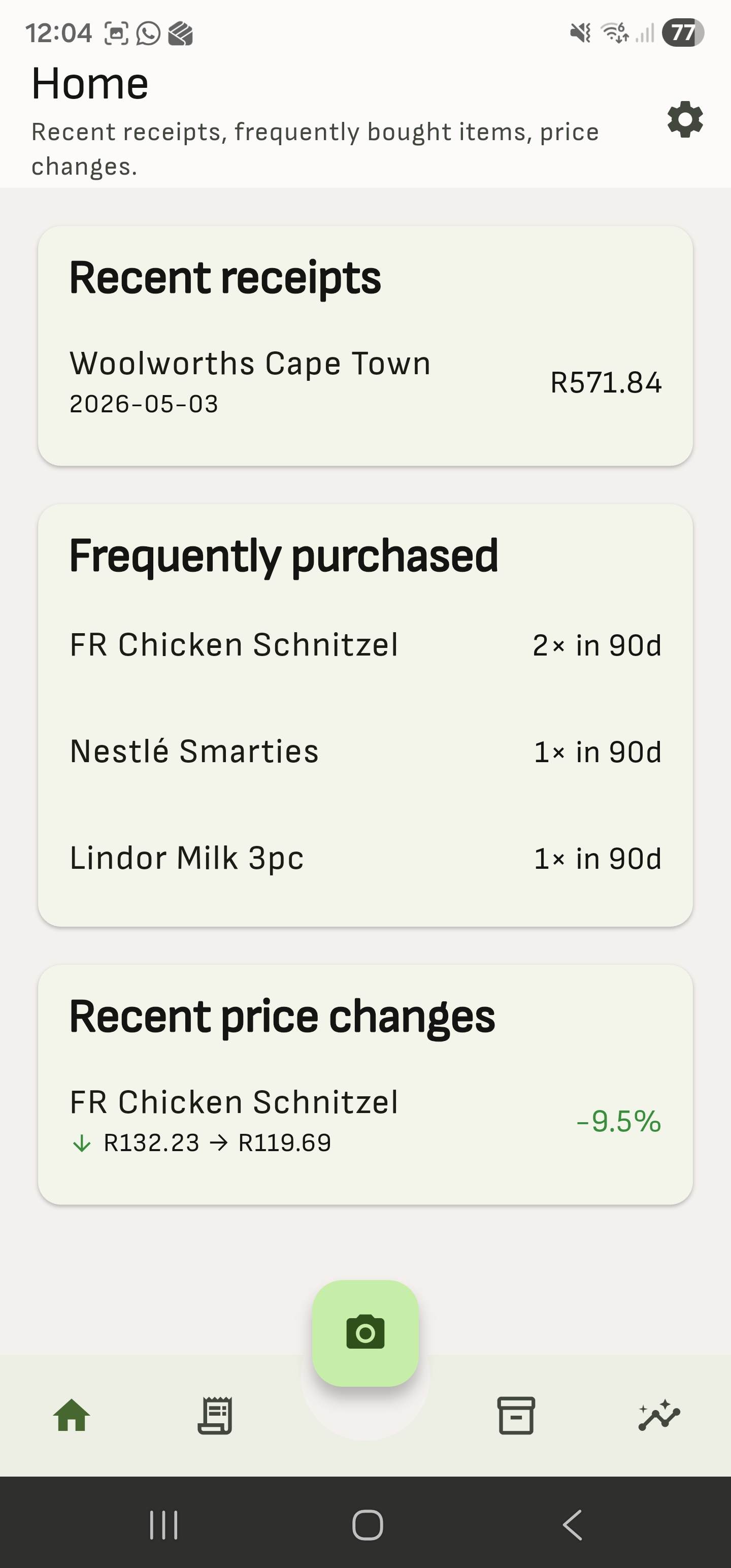 SlipSave home screen showing recent receipts, frequently purchased items, and price changes